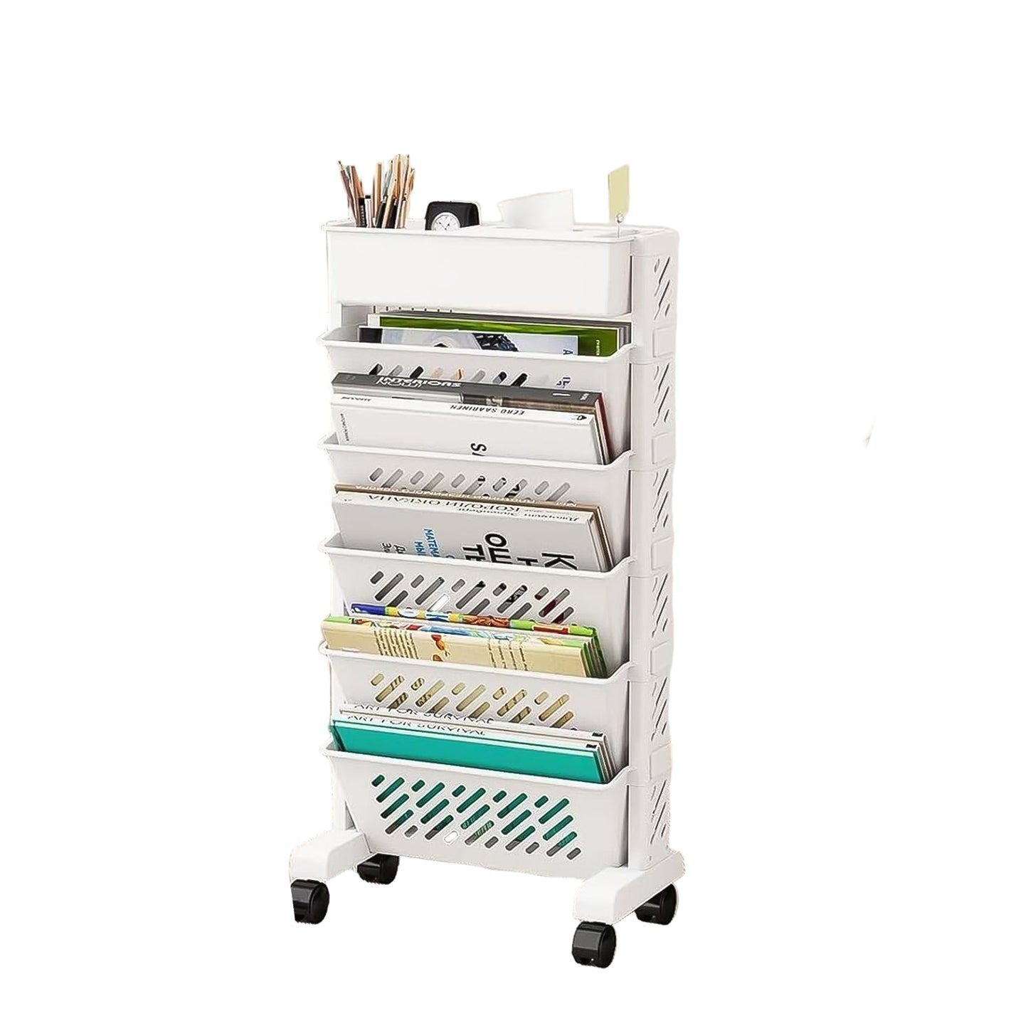 Movable Bookshelf Large Capacity Rotatable Plastic Rolling Organization Shelf Rack Wukusy