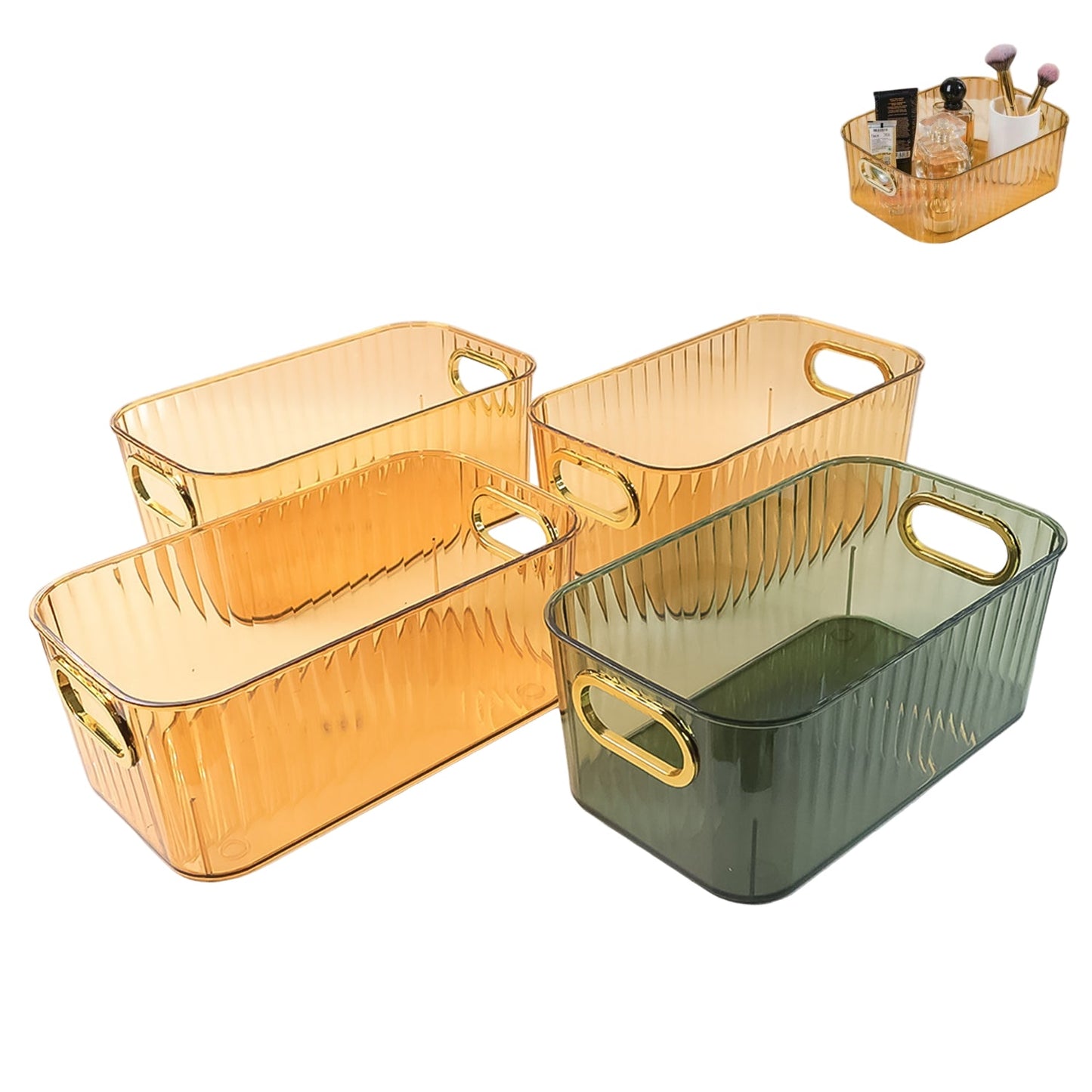 Premium Ribbed Transparent Storage Basket With Gold Handle Multipurpose Kitchen Amp Home Organizer Box (25x14cm 4 Pc) Wukusy