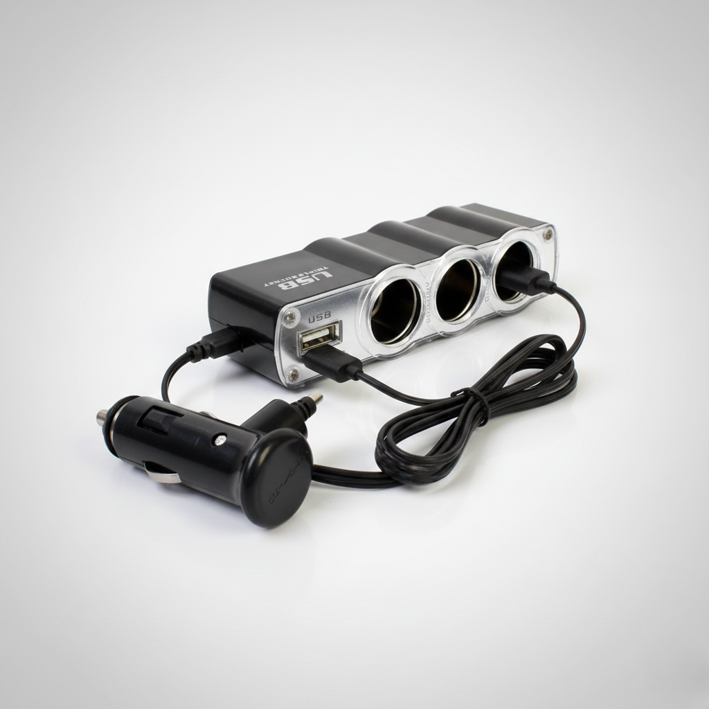 Triple 12V Car Socket Splitter + USB Charger 3-Way Power Adapter