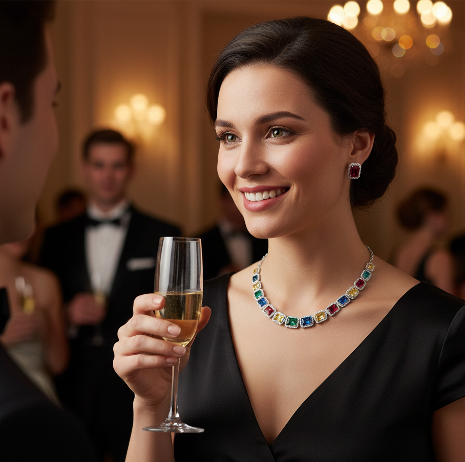 Elegant Mixed Color Diamond Necklace & Earrings Set