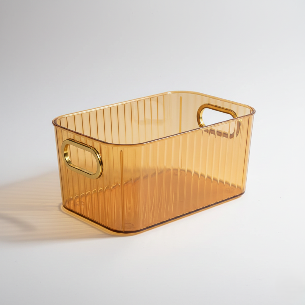 Premium Ribbed Transparent Storage Basket With Gold Handle, Multipurpose Kitchen & Home Organizer Box(25 x 14cm, 4pcs )