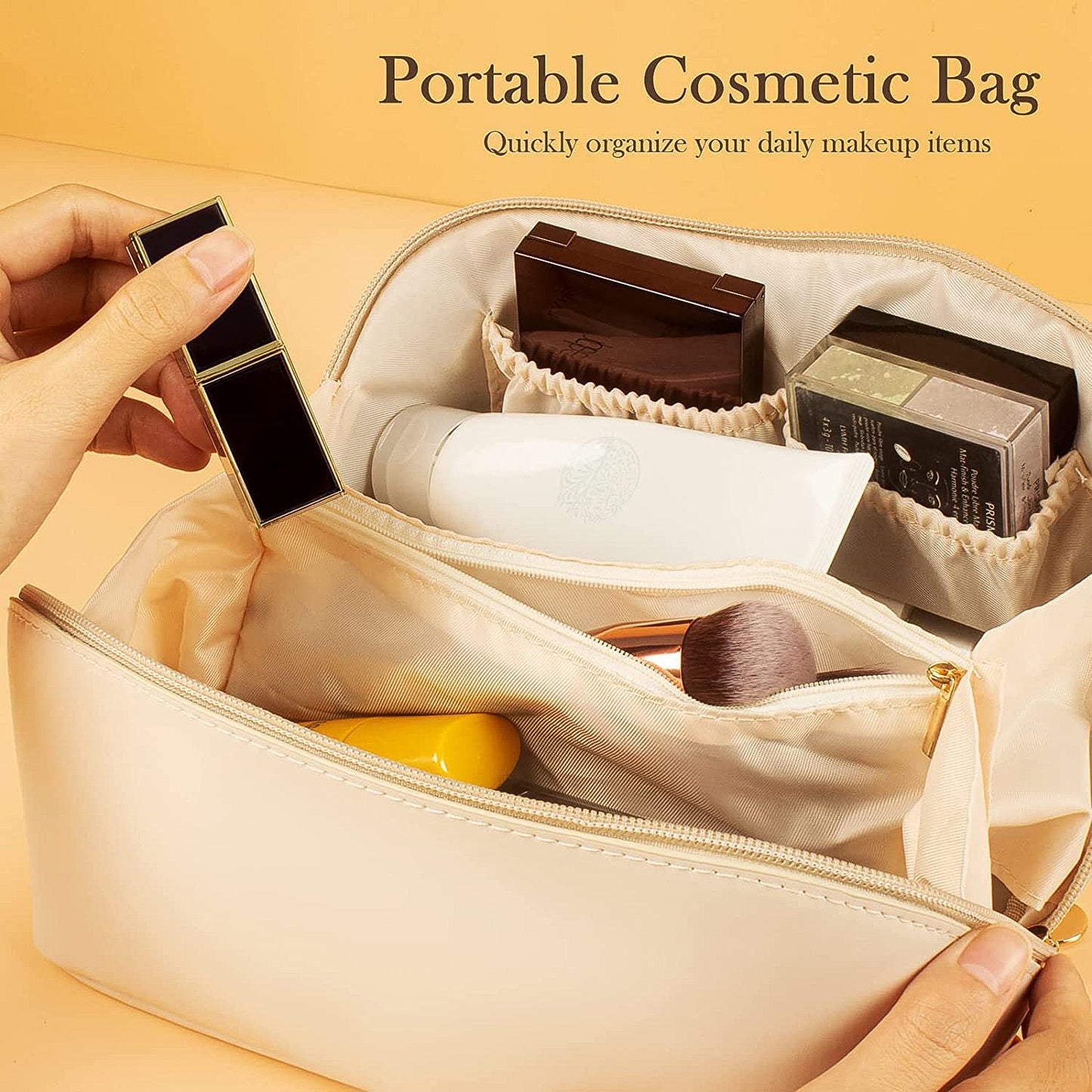Premium Cream Travel Makeup Toiletry Organizer Pouch With Zipper Handle (1 Pc)