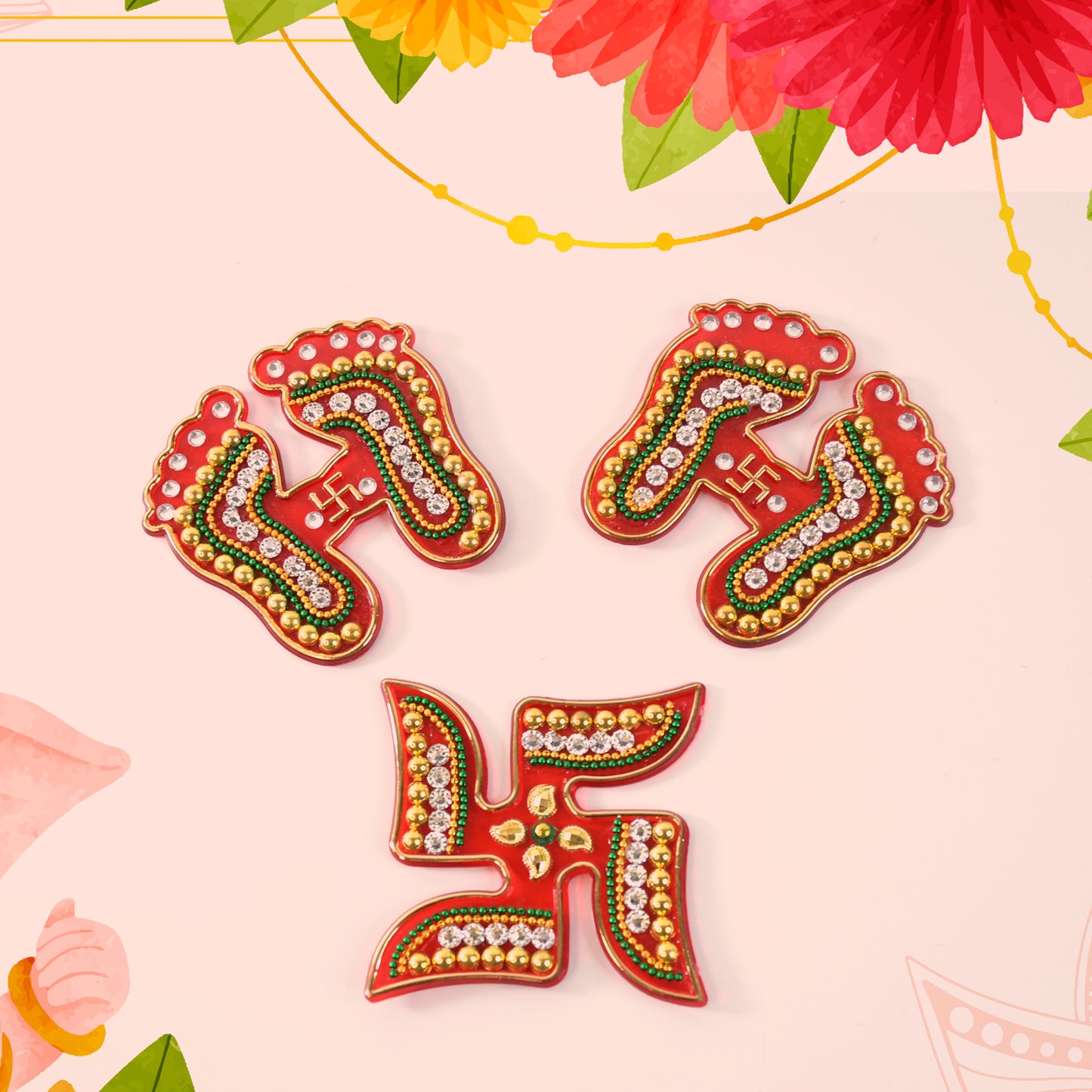 Decorative Laxmi Charan (Pagla) Swastik Combo Set (3pc Set) Wukusy