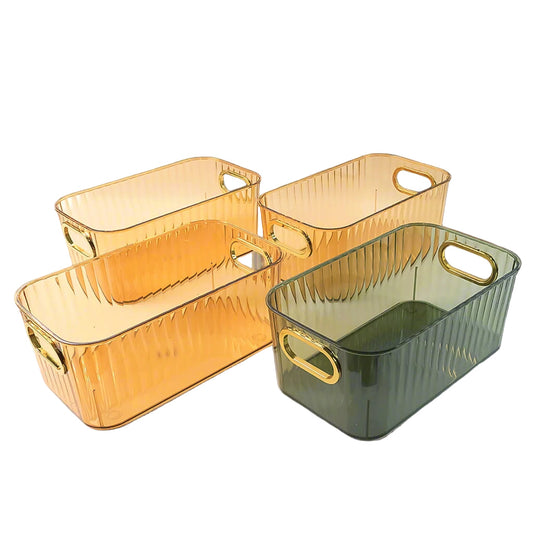 Premium Ribbed Transparent Storage Basket With Gold Handle – Multipurpose Kitchen & Home Organizer Box(25 x 14cm, 4pcs ) Wukusy