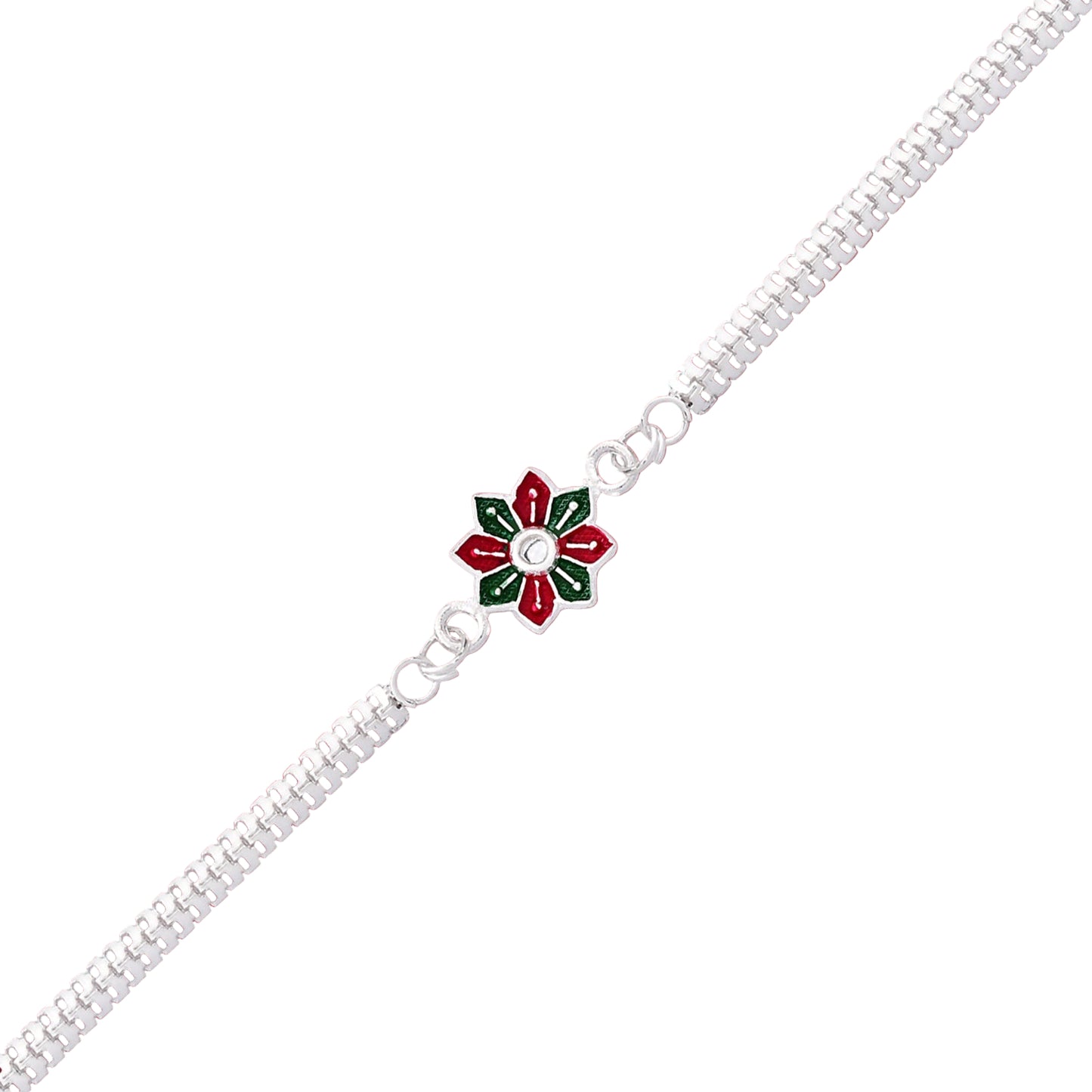 Star Floral Rakhi With Red-green Enamel And Silver Chain