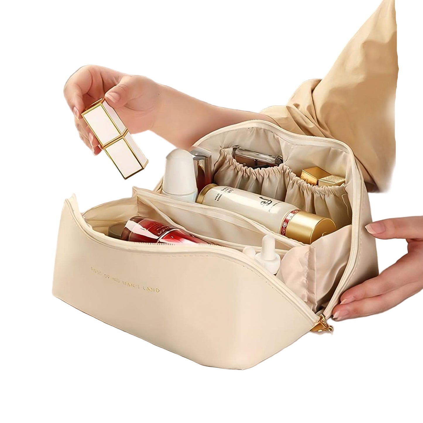 Premium Cream Travel Makeup Toiletry Organizer Pouch With Zipper Handle (1 Pc)