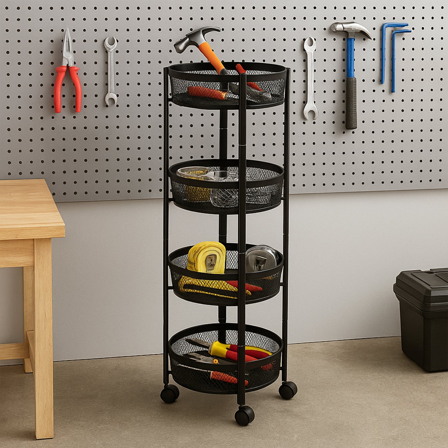 4-layer Round Metal Mesh Storage Organizer Rack With Wheels (1 Pc) Wukusy