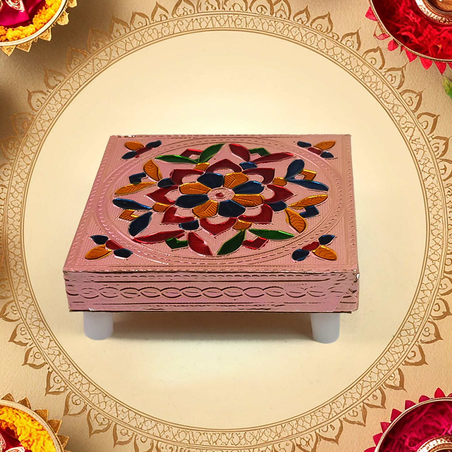Handicraft Meenakari Wooden Chowki Puja Bajot For Home Office Decor For Puja Multicolour (1 Pc Set)
