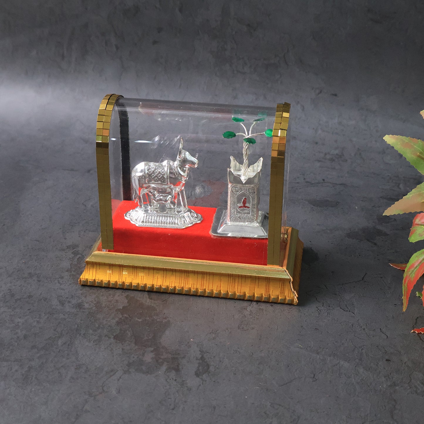 Decorative Kamdhenu Cow With Calf And Tulsi Plant Idol Set Wukusy