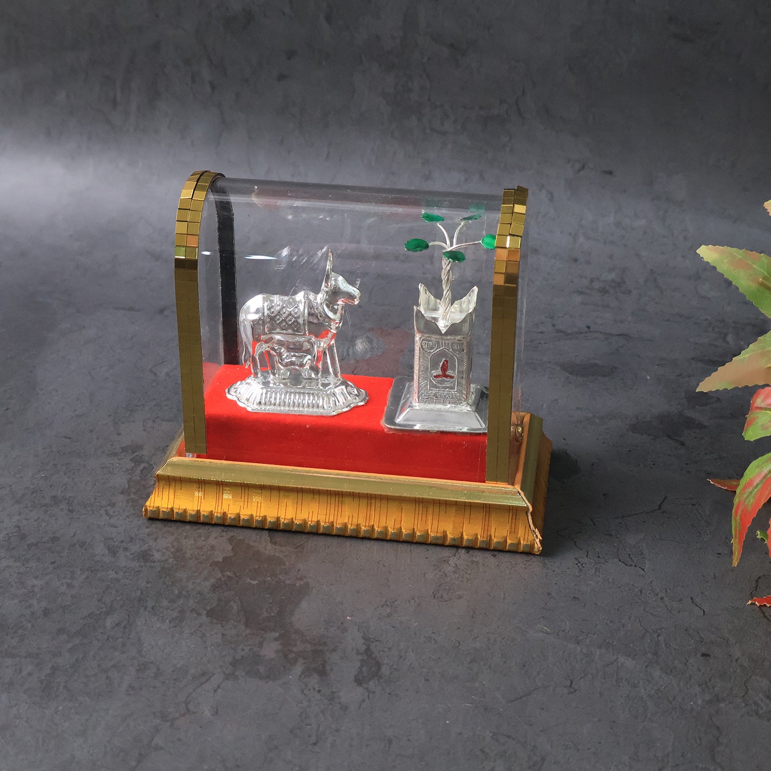 Decorative Kamdhenu Cow With Calf And Tulsi Plant Idol Set Wukusy
