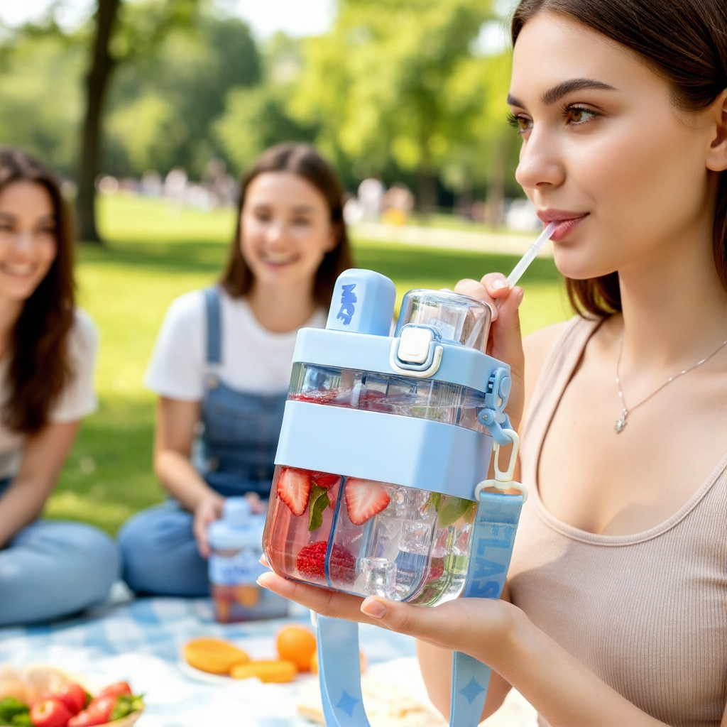 2in1 Dual Compartment Water Bottle With Straw And Adjustable Shoulder Straps (1 Pc,  Multi Color) Wukusy