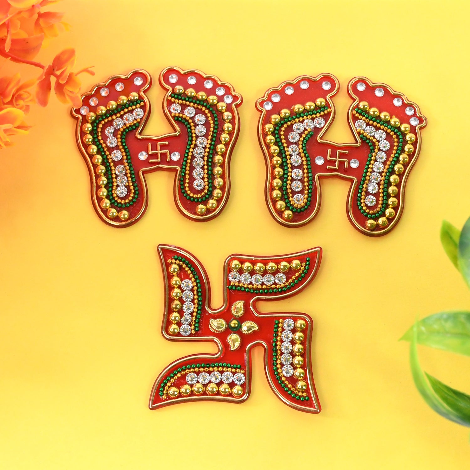 Decorative Laxmi Charan (Pagla)  Swastik Combo Set (3pc Set) Wukusy