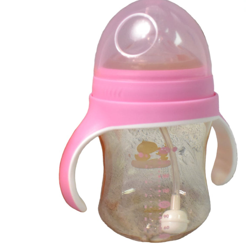 Plastic Baby Feeding Bottle with Handles, Cleaning Brush & Straw - BuyItOnline