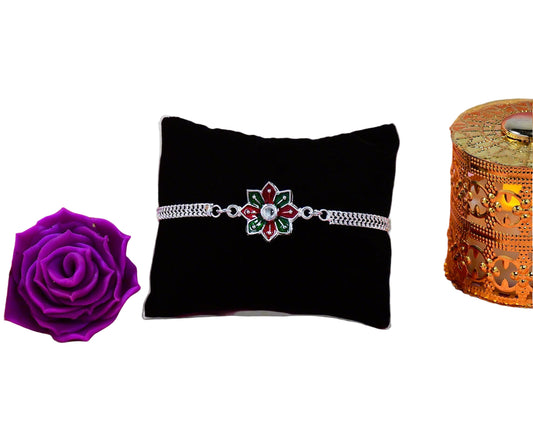 Star Floral Rakhi With Red-green Enamel And Silver Chain