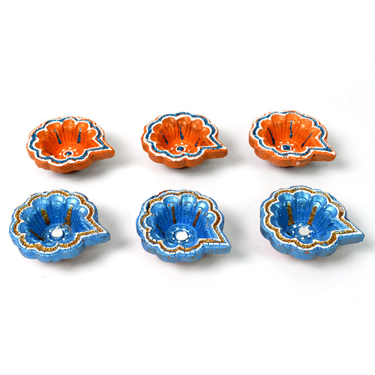 Decorative Hand Painted Clay Puja Diya For Diwali Handmade Diya (6 Pcs Set) Wukusy