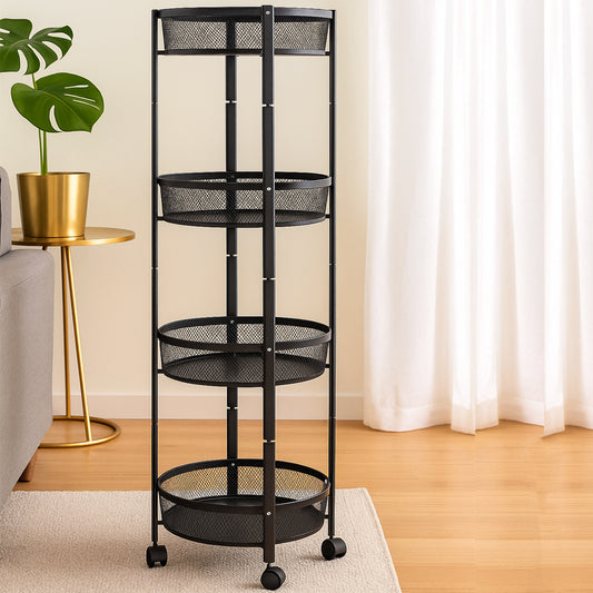 4-layer Round Metal Mesh Storage Organizer Rack With Wheels (1 Pc) Wukusy