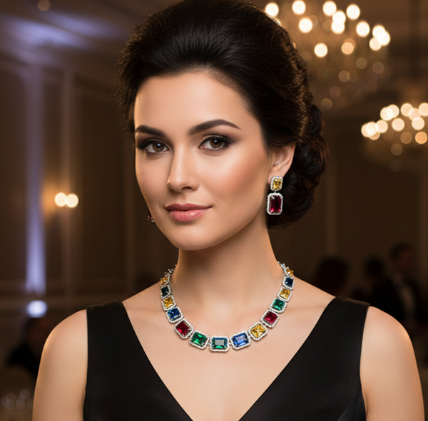 Elegant Mixed Color Diamond Necklace & Earrings Set