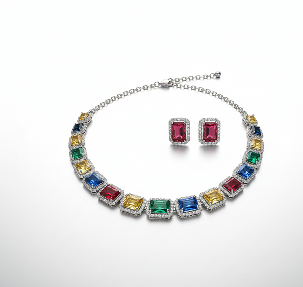 Elegant Mixed Color Diamond Necklace & Earrings Set