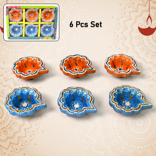 Decorative Hand Painted Clay Puja Diya For Diwali Handmade Diya (6 Pcs Set) Wukusy