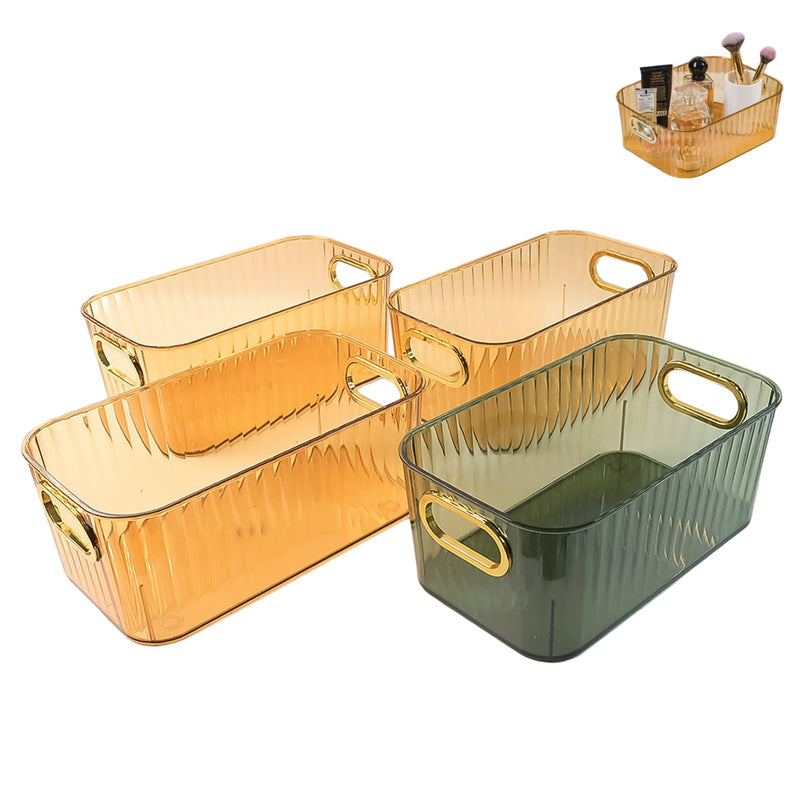 Premium Ribbed Transparent Storage Basket With Gold Handle – Multipurpose Kitchen & Home Organizer Box(25 x 14cm, 4pcs ) Wukusy