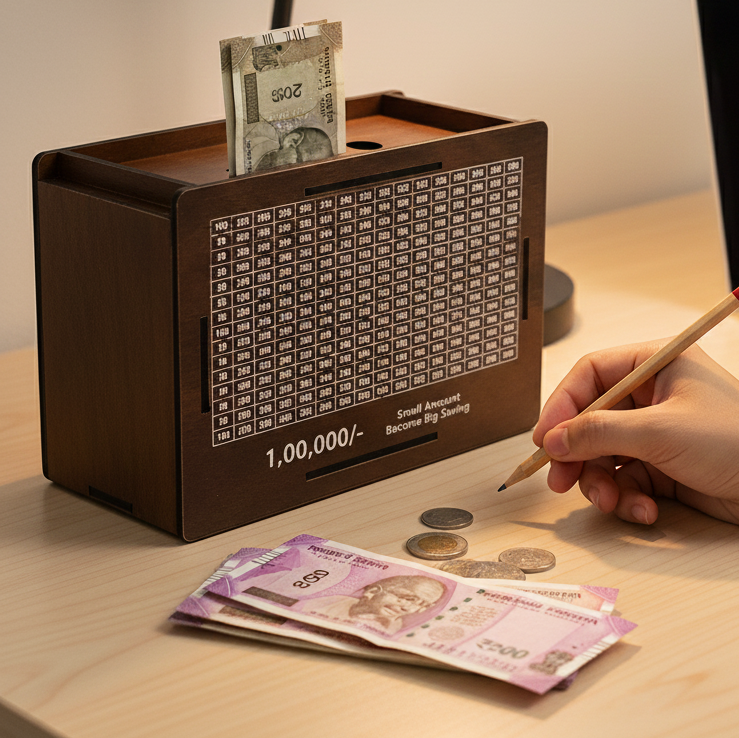Wooden Money  Piggy Bank Money Box (1 Pc  4 Sketch Pen)