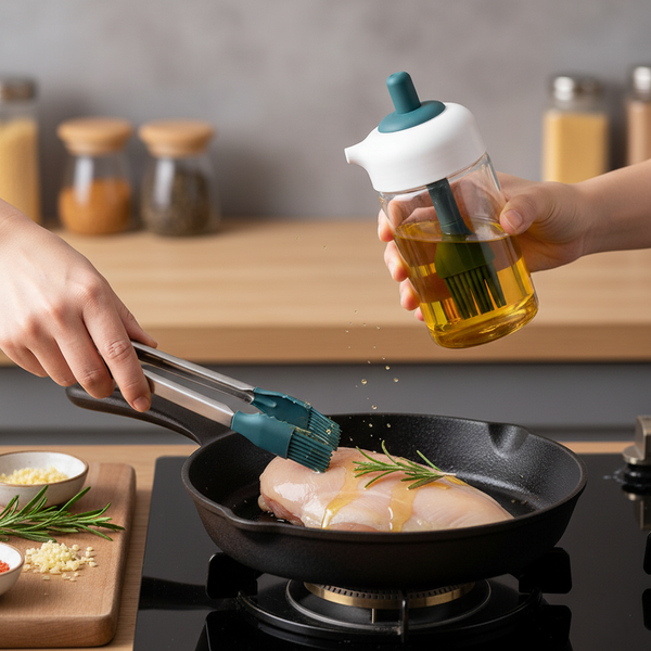 2 In 1 Glass Oil Dispenser Jar  Bottle With Brush (1 Set)