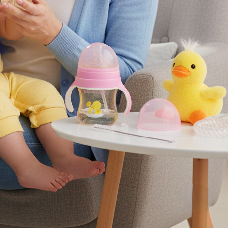 Plastic Baby Feeding Bottle with Handles, Cleaning Brush & Straw