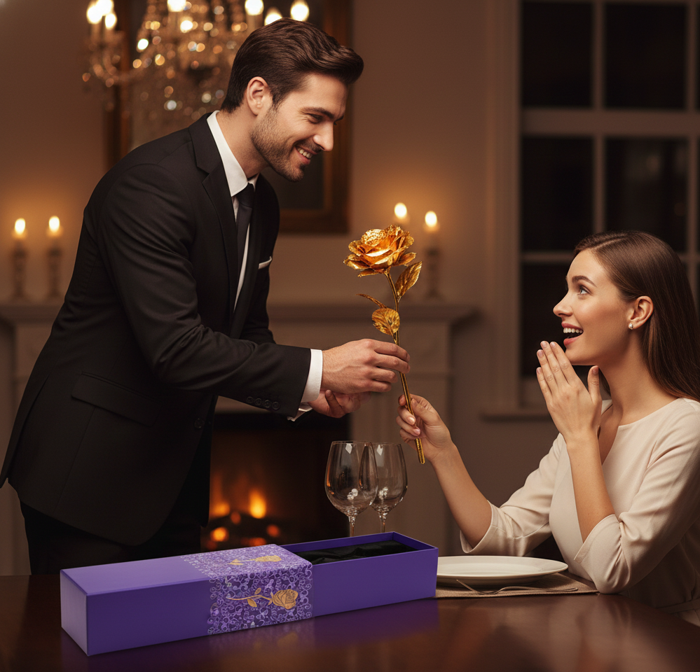 24k Artificial Golden Rosegold Red Rose With Gift Box (10 Inches)