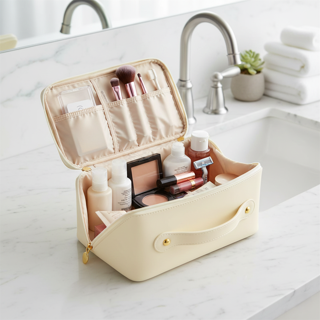 Premium Cream Travel Makeup  Toiletry Organizer Pouch With Zipper  Handle (1 Pc