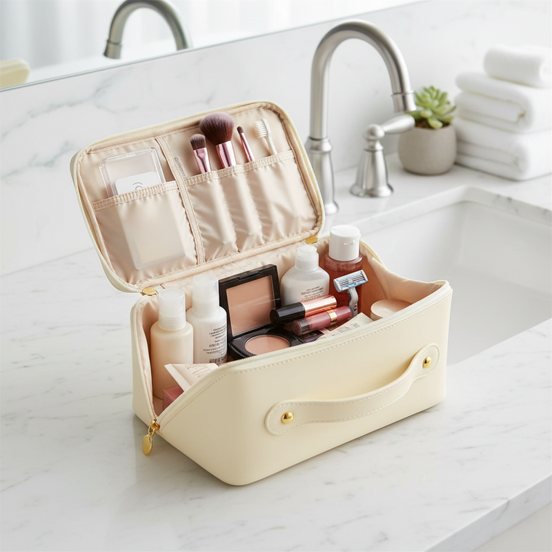 Premium Cream Travel Makeup  Toiletry Organizer Pouch With Zipper  Handle (1 Pc