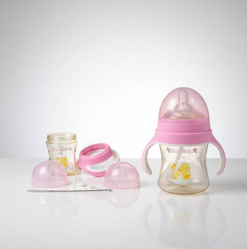 Plastic Baby Feeding Bottle with Handles, Cleaning Brush & Straw