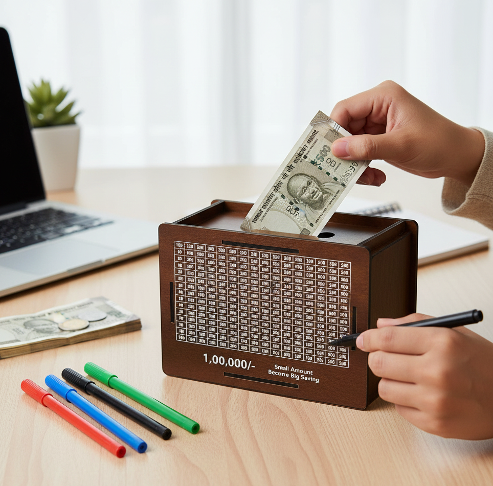 Wooden Money  Piggy Bank Money Box (1 Pc  4 Sketch Pen)