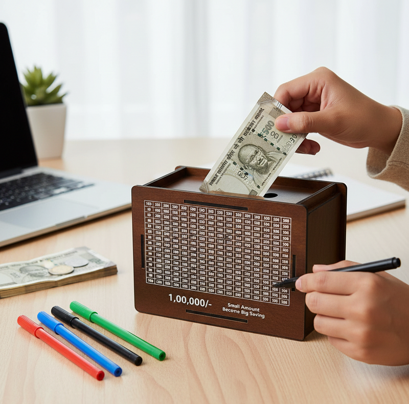 Wooden Money  Piggy Bank Money Box (1 Pc  4 Sketch Pen)
