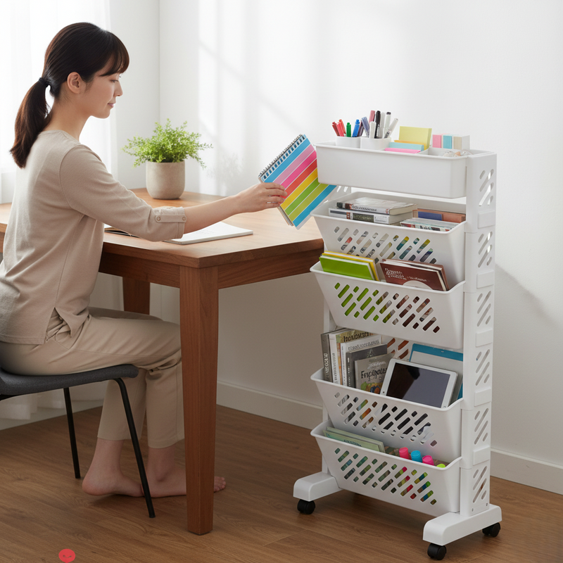 Movable Bookshelf Large Capacity Rotatable Plastic Rolling Organization Shelf  Rack
