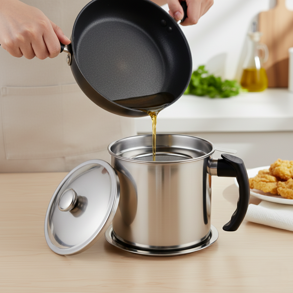 Stainless Steel Oil Strainer Pot with Lid & Filter Mesh