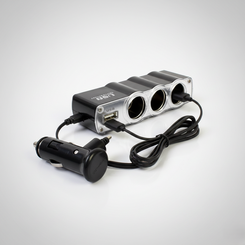 Triple 12V Car Socket Splitter + USB Charger 3-Way Power Adapter