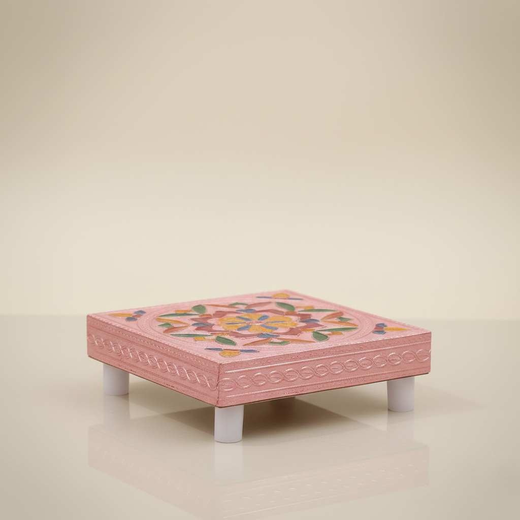 Handicraft Meenakari Wooden Chowki Puja Bajot For Home Office Decor For Puja Multicolour (1 Pc Set)