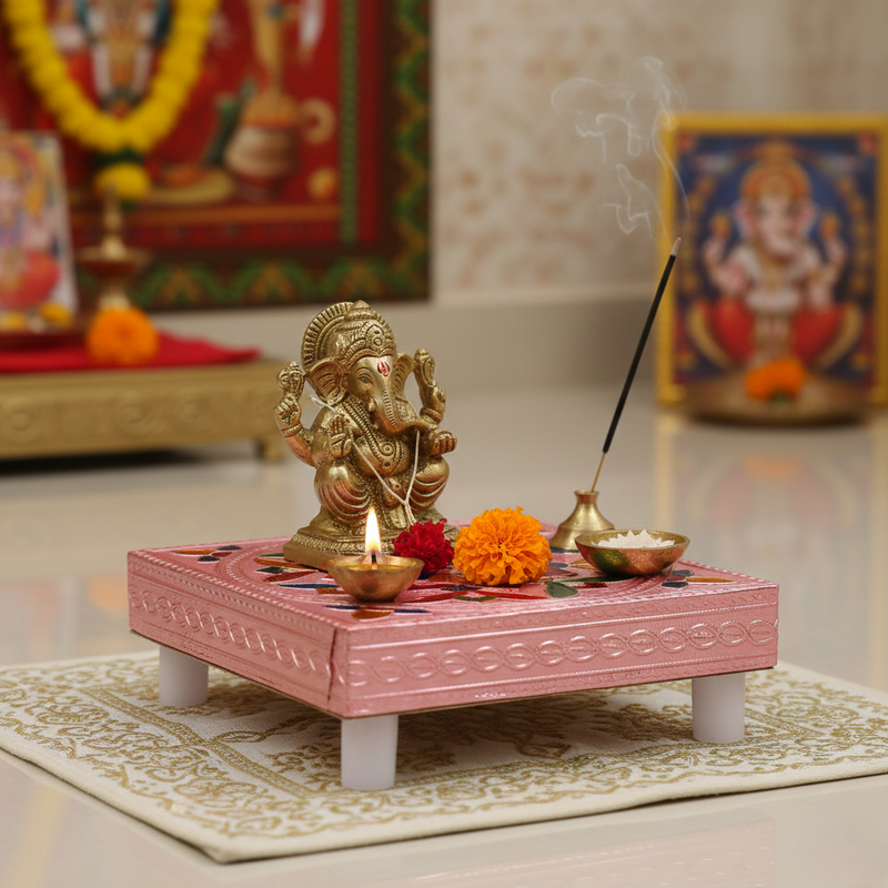 Handicraft Meenakari Wooden Chowki Puja Bajot For Home Office Decor For Puja Multicolour (1 Pc Set)