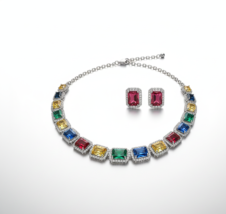 Elegant Mixed Color Diamond Necklace & Earrings Set