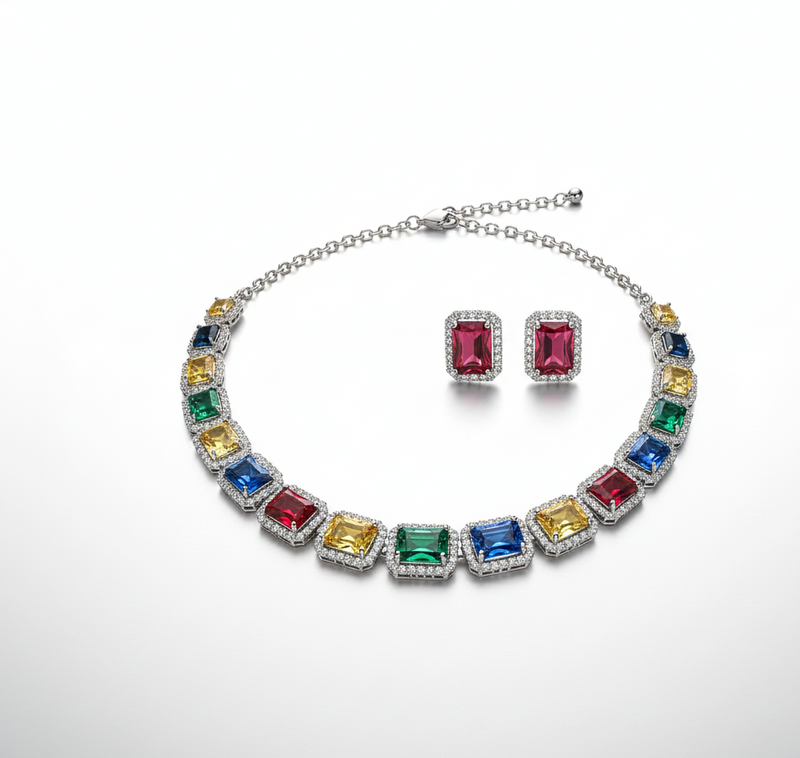 Elegant Mixed Color Diamond Necklace & Earrings Set