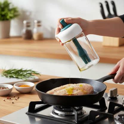 2 In 1 Glass Oil Dispenser Jar  Bottle With Brush (1 Set)