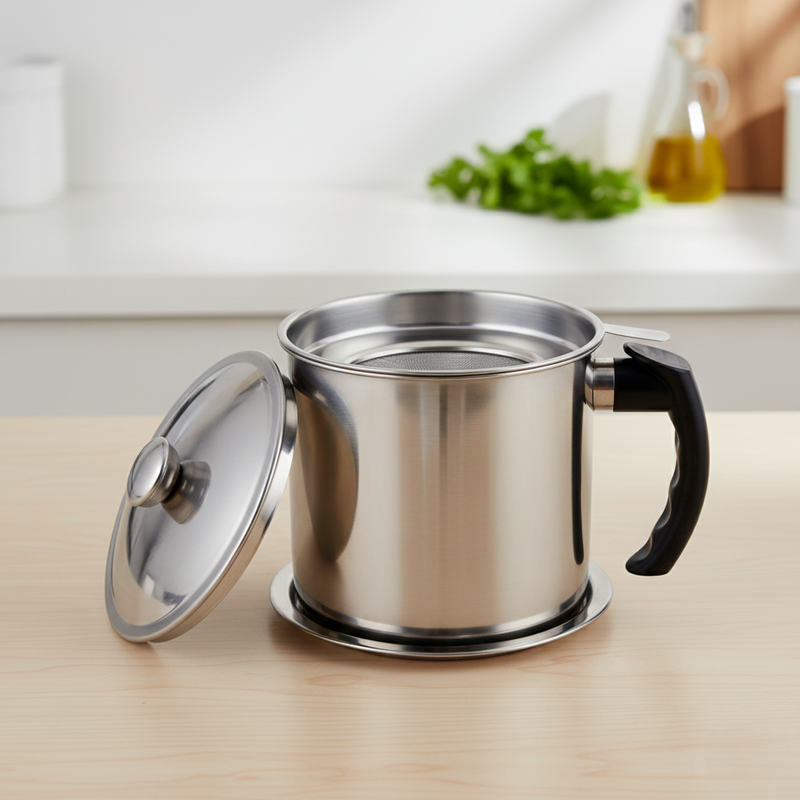 Stainless Steel Oil Strainer Pot with Lid & Filter Mesh