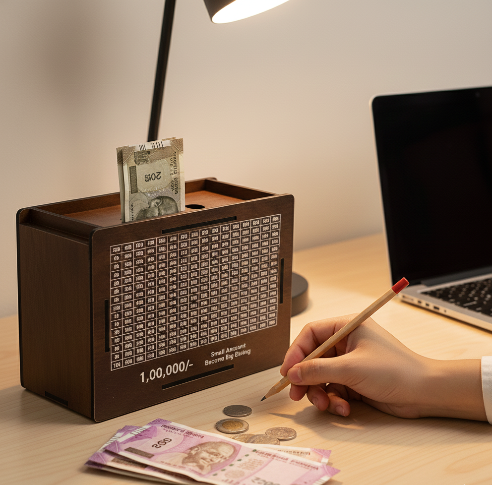 Wooden Money  Piggy Bank Money Box (1 Pc  4 Sketch Pen)