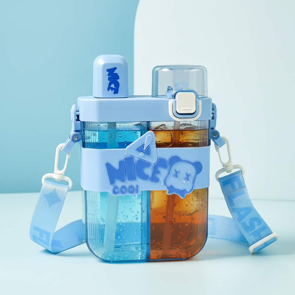 2in1 Dual Compartment Water Bottle With Straw And Adjustable Shoulder Straps (1 Pc,  Multi Color)