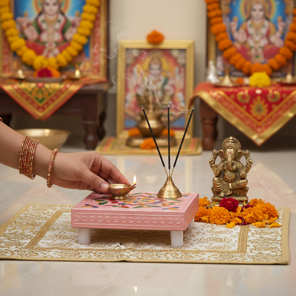 Handicraft Meenakari Wooden Chowki Puja Bajot For Home Office Decor For Puja Multicolour (1 Pc Set)