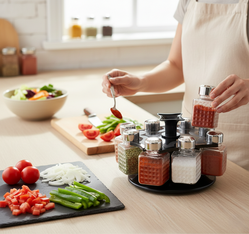 Square 8 Bottle Revolving Spice Rack