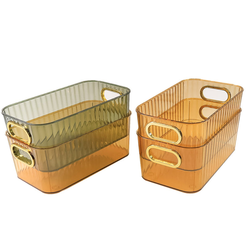 Premium Ribbed Transparent Storage Basket With Gold Handle – Multipurpose Kitchen & Home Organizer Box(25 x 14cm, 4pcs ) Wukusy