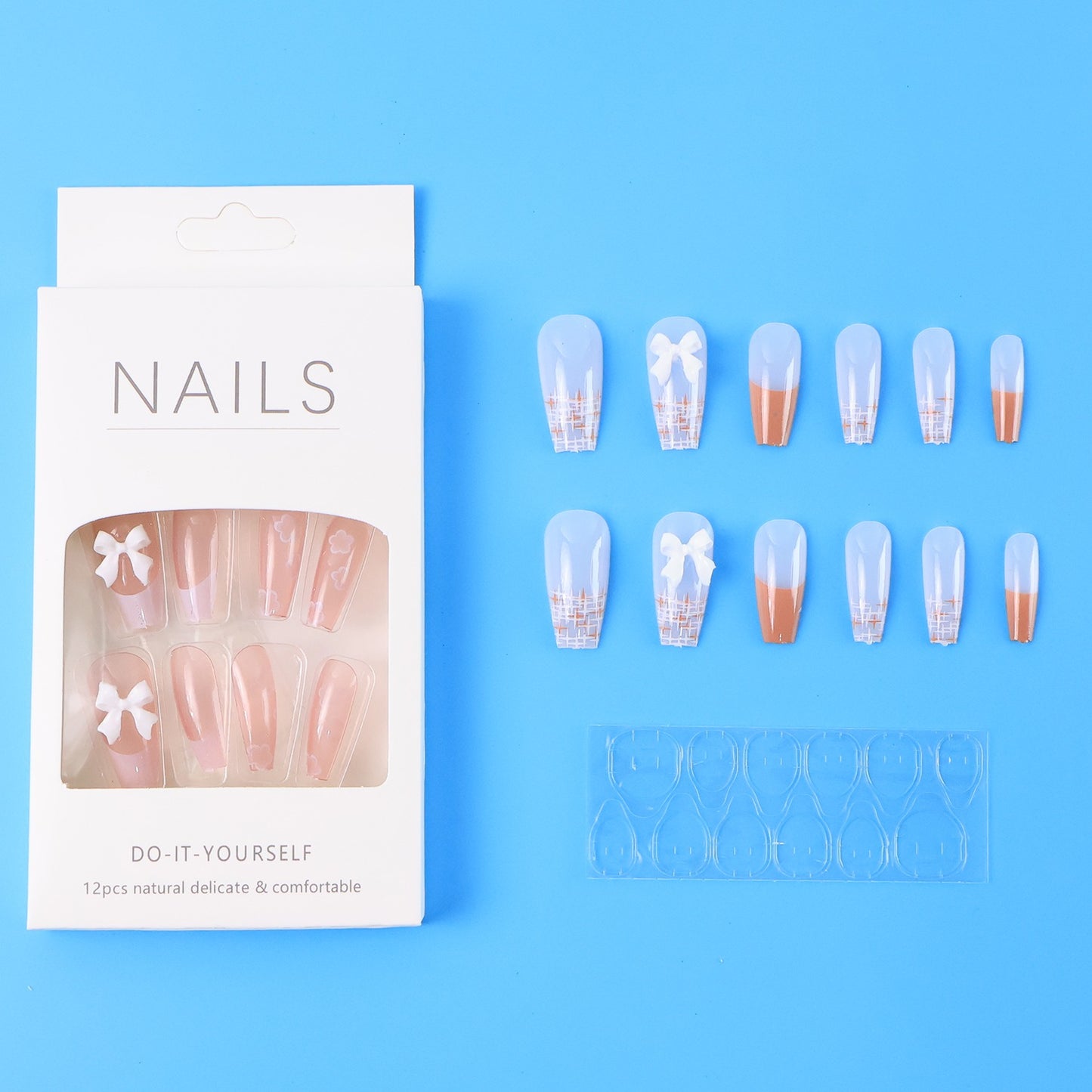 12-Piece Reusable Press-On Artificial Nails Set – Mix Design with Adhesive Stickers