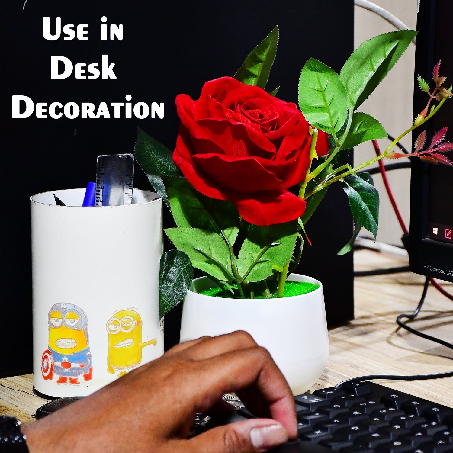 4863 Artificial Rose Flower Plant With Pot For Home Office Or Gift Wukusy