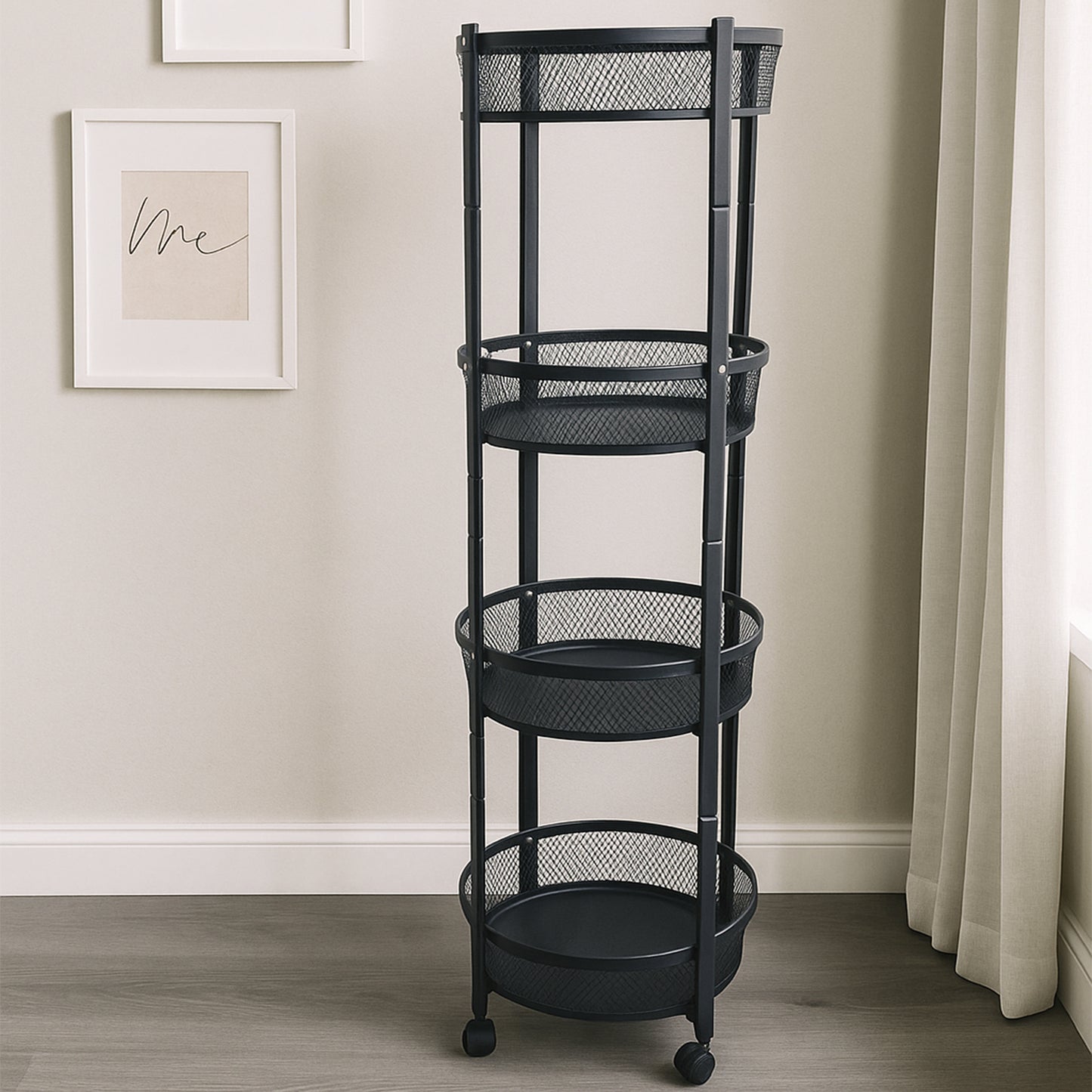 4-layer Round Metal Mesh Storage Organizer Rack With Wheels (1 Pc) Wukusy